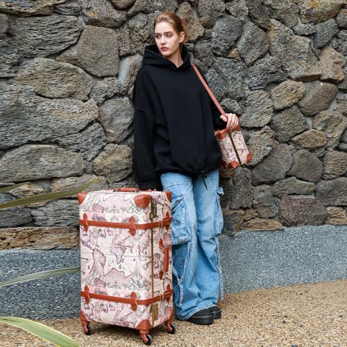 urecity Vintage Luggage Set 2 Piece, Vegan Leather Retro Trunk Suitcase with Spinner Wheels & Boarding Tote Bag, Zipperless TSA Lock Cute Travel Luggage for Women Men (Victorian Map Print, 20"+12")