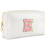 URSKYTOUS Initial Makeup Bag Personalized Preppy Travel Small Cosmetic Bag Cute PU White Chenille Letter Makeup Pouch for Purse Waterproof Zippered Toiletry Organizer for Women Girls Kids Friends (E)