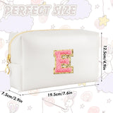 URSKYTOUS Initial Makeup Bag Personalized Preppy Travel Small Cosmetic Bag Cute PU White Chenille Letter Makeup Pouch for Purse Waterproof Zippered Toiletry Organizer for Women Girls Kids Friends (E)