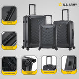 US ARMY FOX 3 Pcs Set Hardshell Luggage with Spinner Wheels | 20, 24, 28 inch Lightweight Travel Suitcase, Chevron Icon, Gel Handle, Retractable Trolley, Side Studs | Black