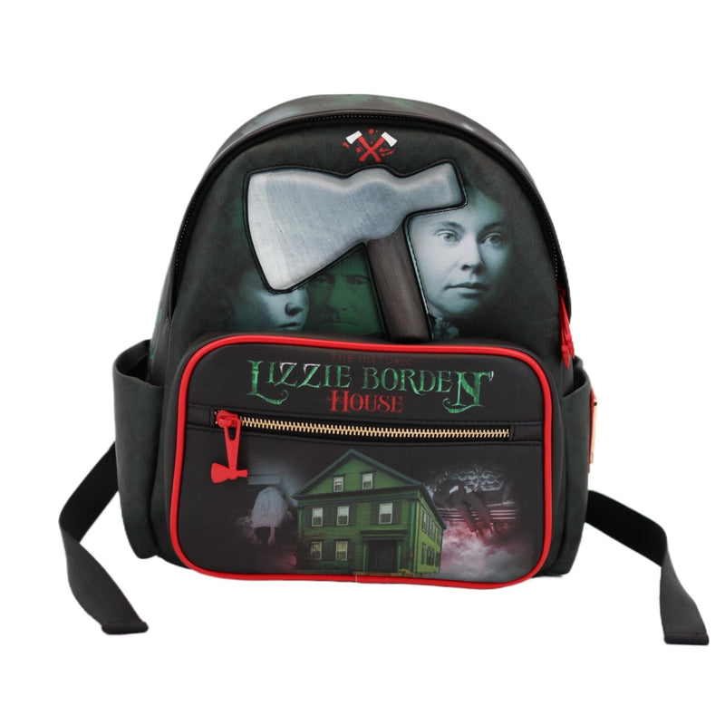 US Ghost Adventures Lizzie Borden House Haunted Historical Backpack, Black with Red Axe Zippers Crimson Accents, Gothic Design, True Crime Inspired