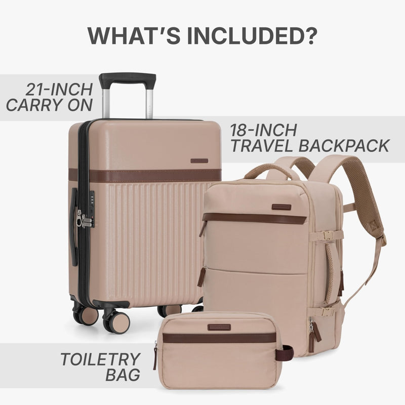 U.S. Traveler Vista Way 3 - Piece Travel Set, 21 - Inch Carry - on Hardside with TSA Lock, 18 - Inch Travel Backpack with Laptop Sleeve, Toiletry Bag, Beige