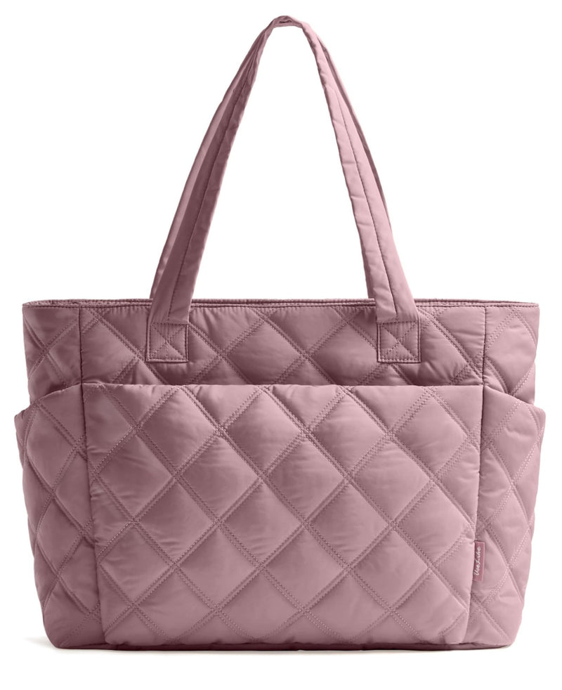 Uselike Tote Bag for Women, Lightweight Puffer Tote Work Bags with Compartments for Travel, Quilted Shoulder Bag with Zipper (Mauve Pink)