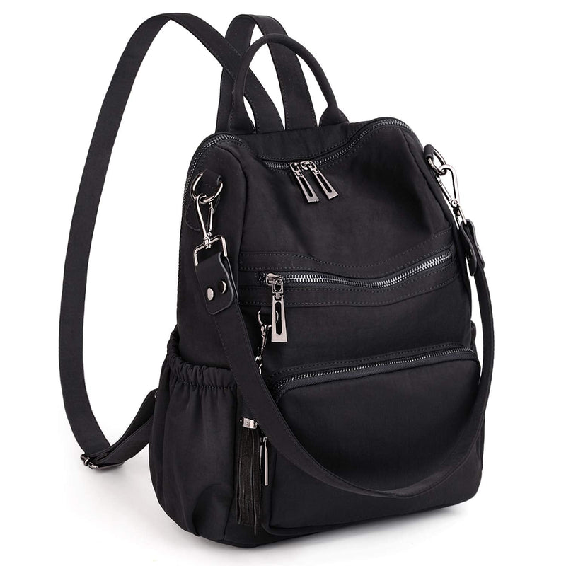 UTO Women Backpack Purse Nylon Fabric Ladies Fashion Designer Rucksack Convertible Travel Shoulder Bag with Tassel Black