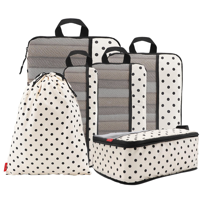 U+U 6 Set Compression Packing Cubes - Ultralight Travel Organizers with Laundry Bag, Space - Saving Suitcase Organizer, Expandable Packing Cubes for Travel, Business Trip and Family Vacation (Polka Dot)