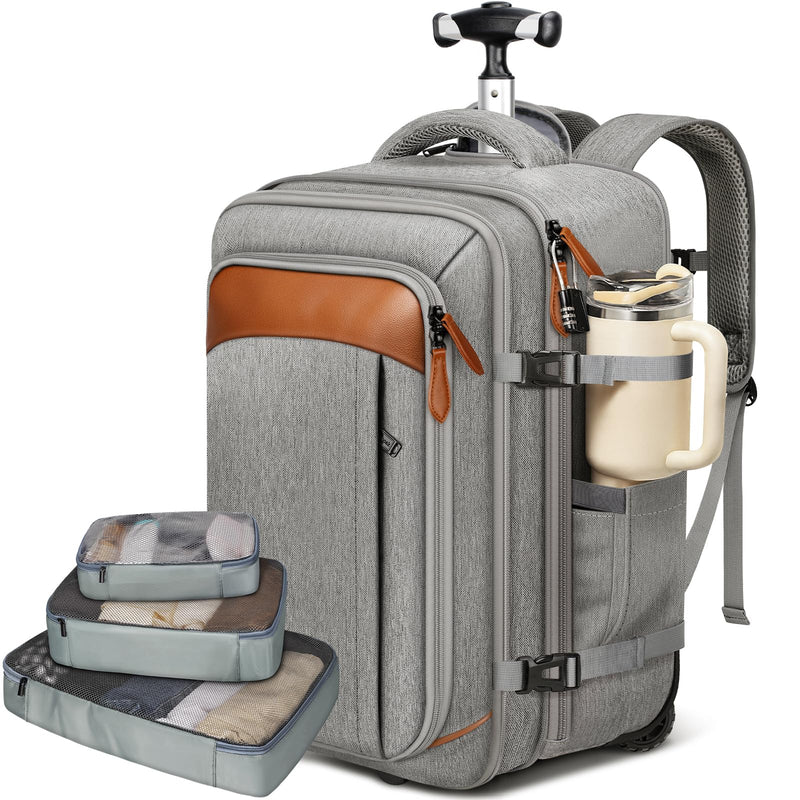 Vancropak Expandable Travel Rolling Backpack with Wheels, Airline Approved Wheeled Backpack with 3 Packing Cubes, 17 Inch Roller Carry on Luggage Suitcase Laptop Bag for Men Women, Grey