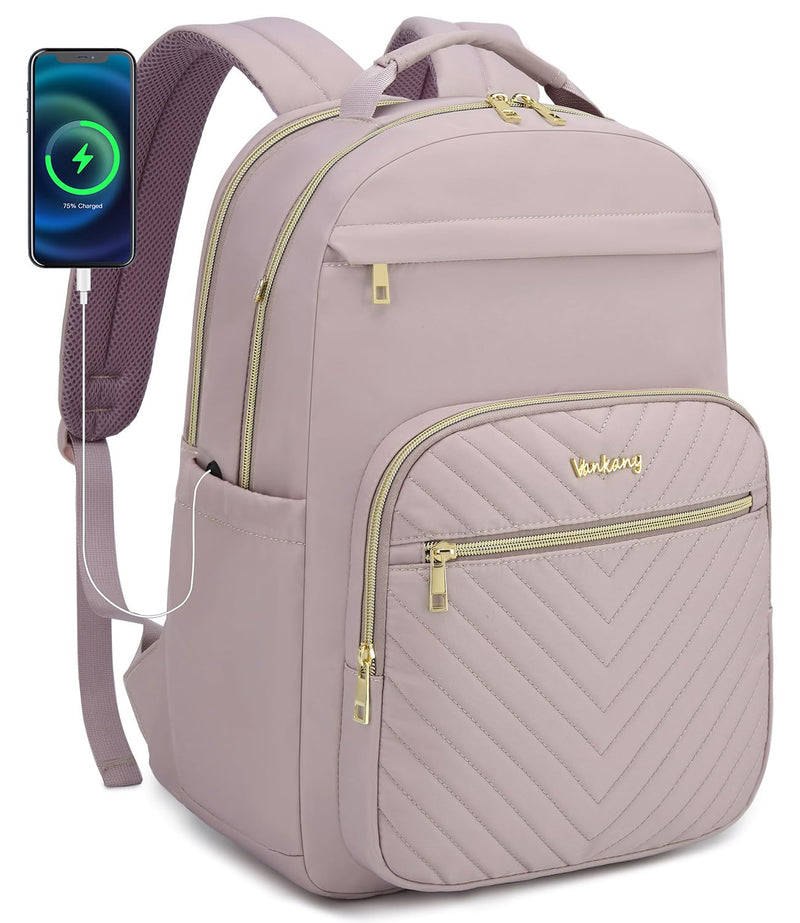 VANKANY Cute Laptop Backpack Women for College, Fashion Teen Girl School Backpack Adult Bookbag for Work Office Nurse Highschool Bag, Light Purple