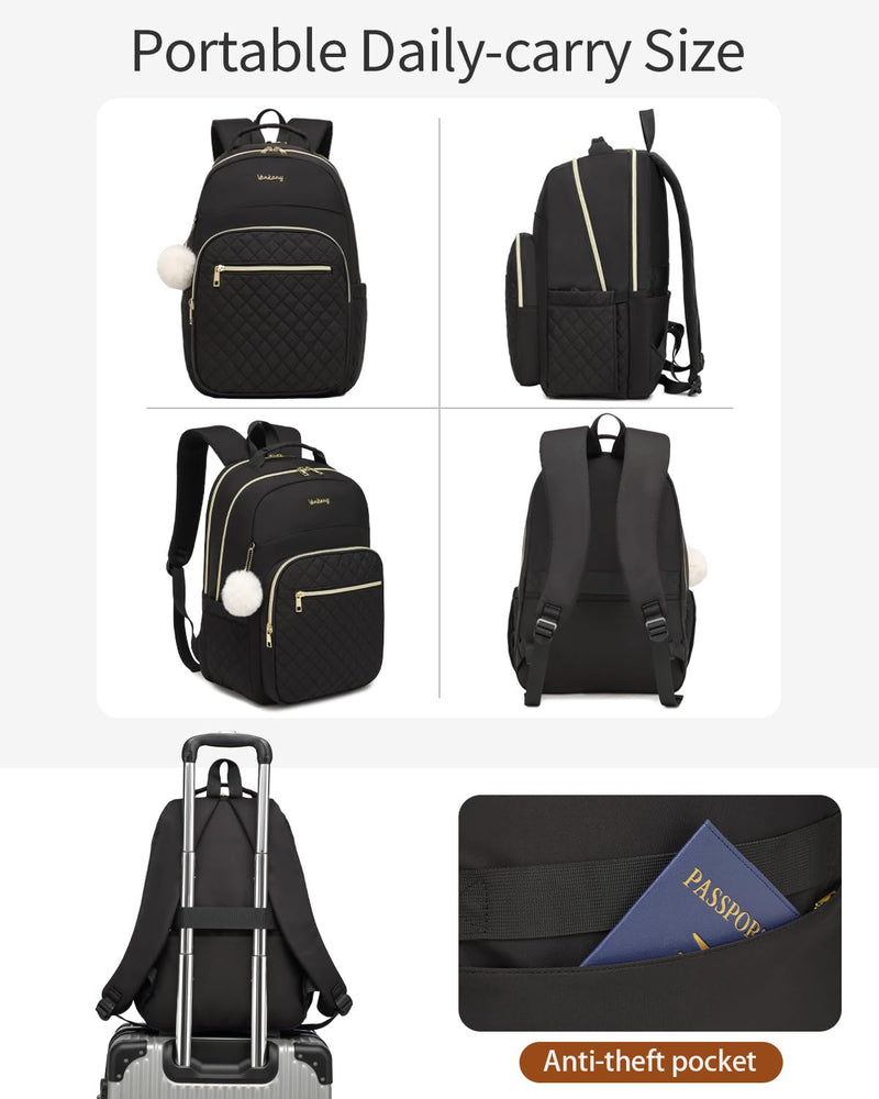 VANKANY Laptop Backpack Women School Backpack for High School Teen Girls, Water Resistant College Bookbag with Charging Hole for Travel Work, Black