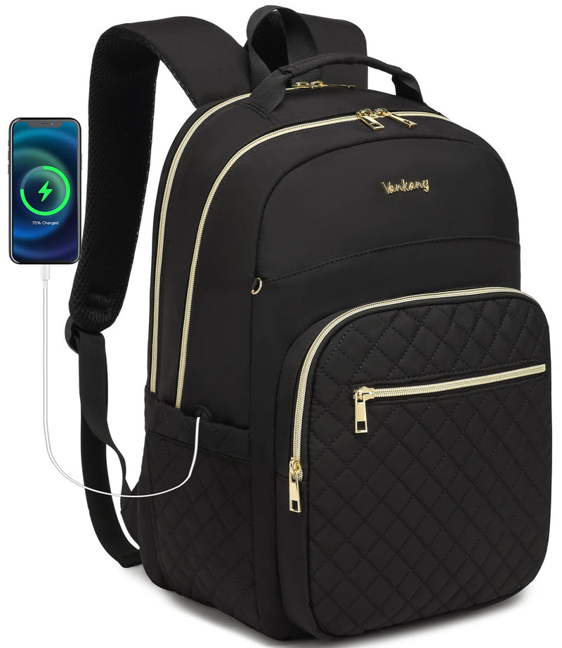 VANKANY Laptop Backpack Women School Backpack for High School Teen Girls, Water Resistant College Bookbag with Charging Hole for Travel Work, Black