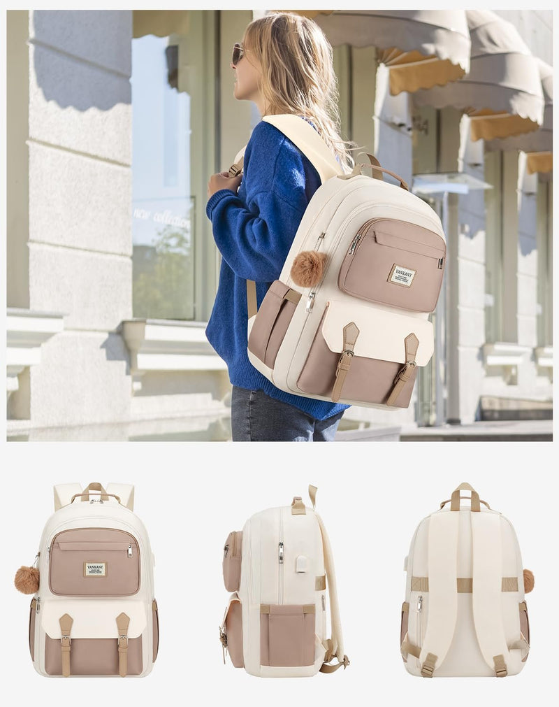 VANKANY School Backpack for Teen Girls, Aesthetic Schoolbag for Middle School High School, Cute Laptop Bookbag for College Women Students Mochilas Niñas, Khaki Beige