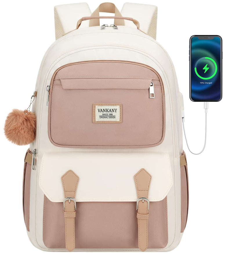 VANKANY School Backpack for Teen Girls, Aesthetic Schoolbag for Middle School High School, Cute Laptop Bookbag for College Women Students Mochilas Niñas, Khaki Beige