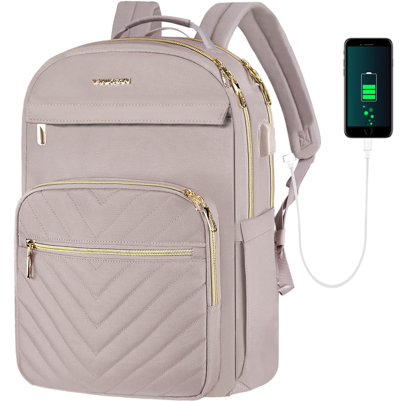 VANKEAN 17.3 Inch Laptop Backpack for Women Work Laptop Bag Fashion with USB Port, Waterproof Backpacks Stylish Travel Bags Casual Daypacks for College, Business, Light Dusty Pink