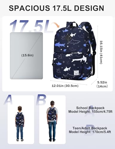 VASCHY Backpack for School, Lightweight Water Resistant Bookbag Casual Daypack for Man/Boys Shark