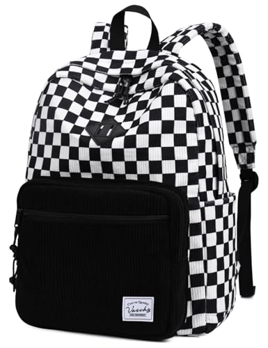 VASCHY Corduroy Backpack for School, Lightweight School Bag for Elementary, Middle & High School, Teen Bookbag, Casual Travel Daypack Black White Checkered
