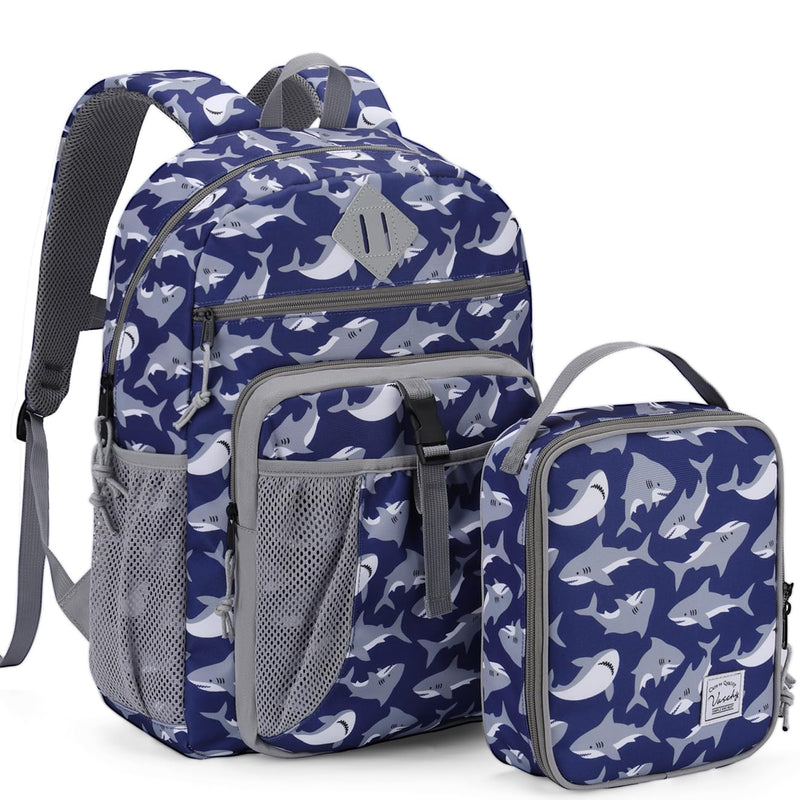 VASCHY Kids Backpack Lunch Bag Set, Boys Large School Bookbag Insulated Lunch Box for Toddlers Preschool,Daycare,Kindergarten,Elementary School Shark
