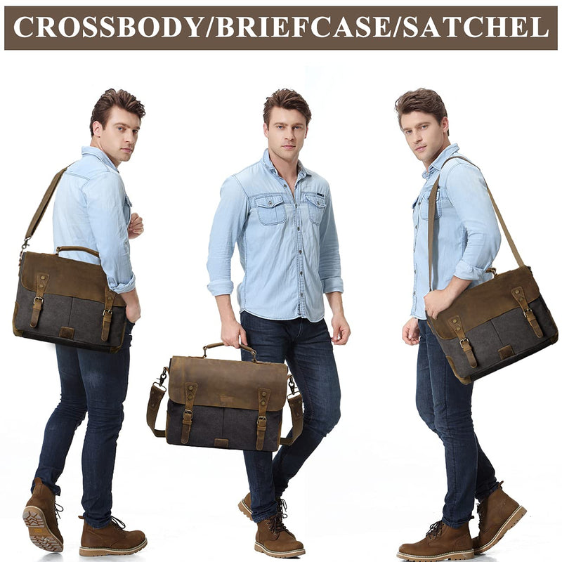 VASCHY Messenger bag for men, Vintage Leather Canvas Satchel 14in Laptop Crossbody Shoulder Bag