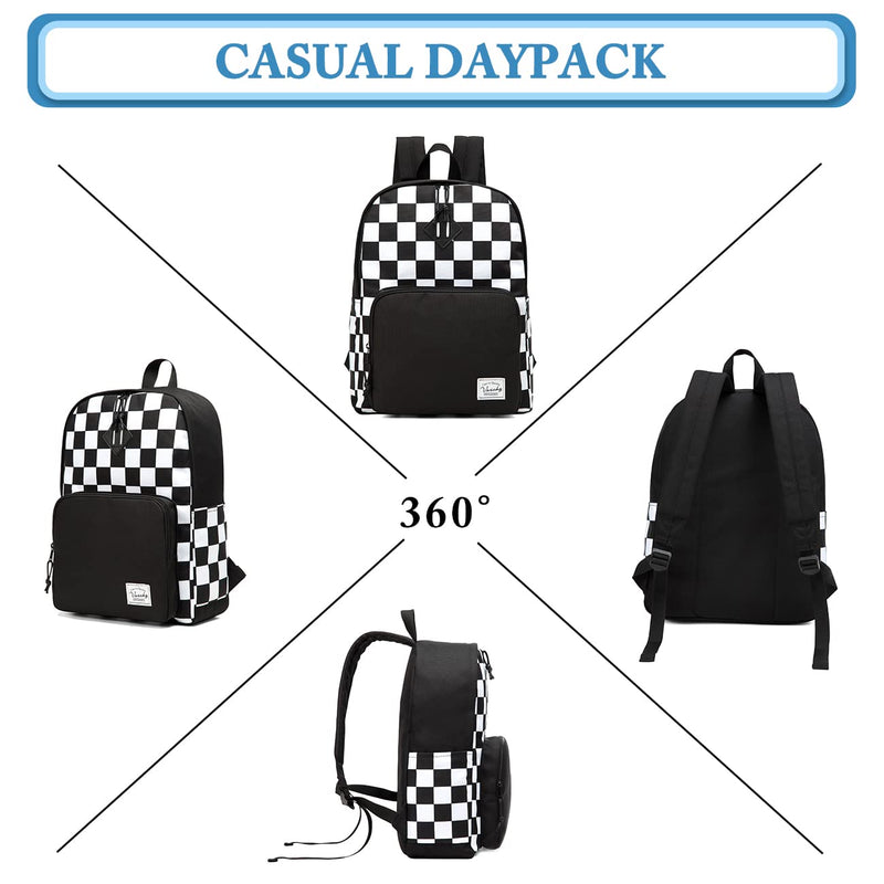 VASCHY School Backpack, Lightweight Travel Backpack for Men Women Schoolbag Bookbag for Kids Teen Boys Girls Black White Plaid Checker