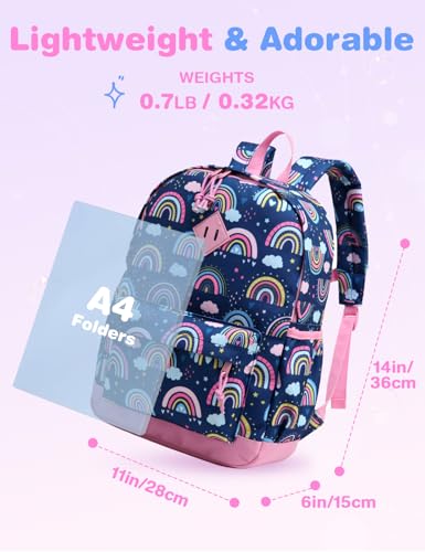 VASCHY Toddler Kids Backpack, Lightweight Water Resistant Daycare Preschool Backpack Schoolbag for Little Girls w Chest Strap Rainbows