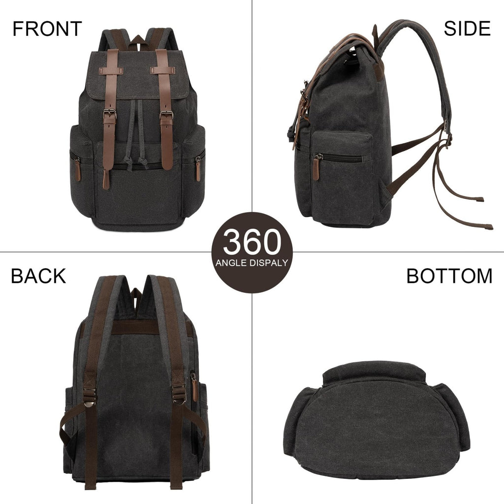 VAZUOOL Canvas Backpack for Men, Vintage Laptop Daypack Travel Rucksack Work College Computer Bag Bookbag Fits 15.6 Inch Laptop, Black