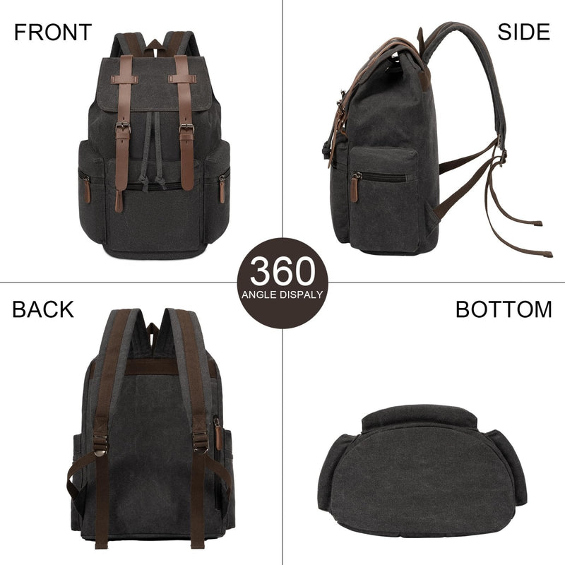 VAZUOOL Canvas Backpack for Men, Vintage Laptop Daypack Travel Rucksack Work College Computer Bag Bookbag Fits 15.6 Inch Laptop, Black