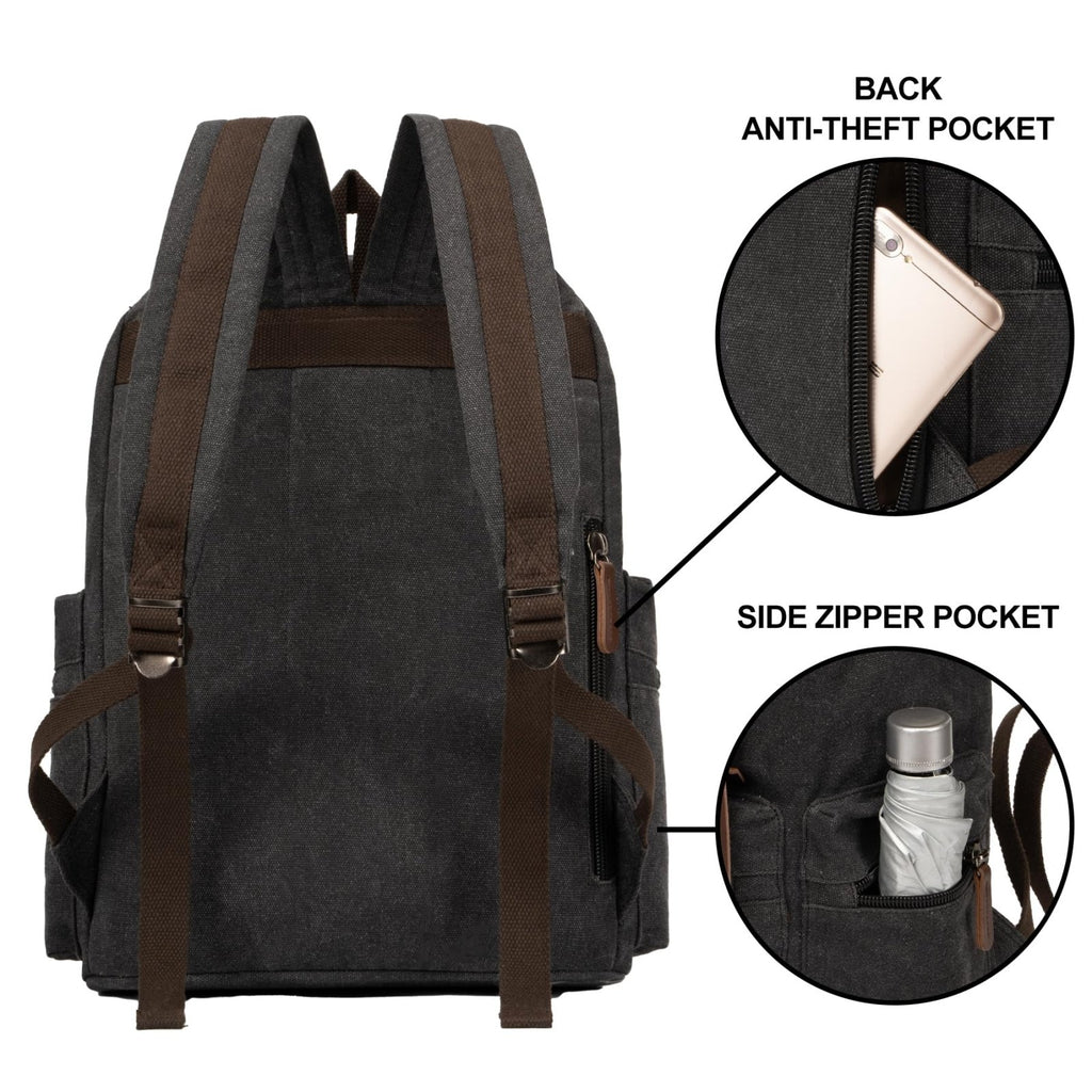 VAZUOOL Canvas Backpack for Men, Vintage Laptop Daypack Travel Rucksack Work College Computer Bag Bookbag Fits 15.6 Inch Laptop, Black