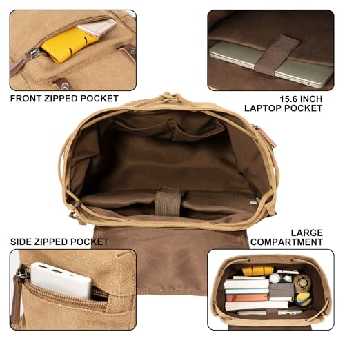 VAZUOOL Canvas Laptop Backpack, Vintage Daypack for Men Women, Travel Rucksack Work College Computer Bag Bookbag Fits 15.6 Inch Laptop, Brown
