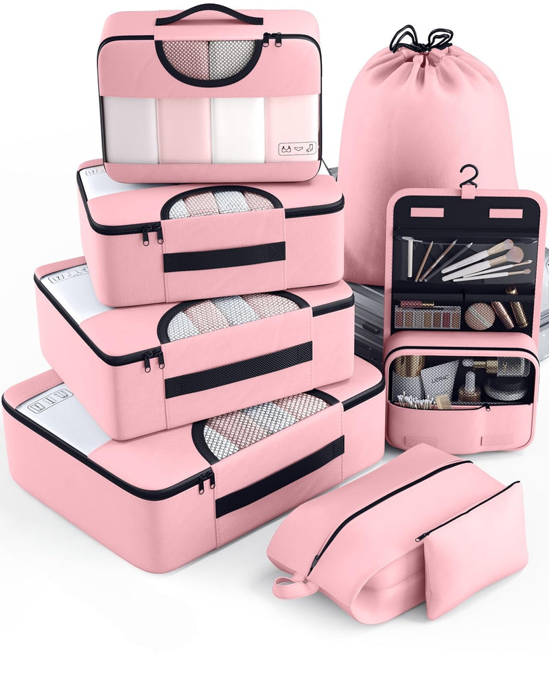 Veken 8 Set Packing Cubes for Travel Essentials, Pink Suitcase Organizer Bags in 4 Sizes, Carry - On Luggage Accessories with Large Laundry & Hanging Toiletry Bag, Must - Have for Airplane, Road Trip