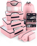 Veken 8 Set Packing Cubes for Travel Essentials, Pink Suitcase Organizer Bags in 4 Sizes, Carry-On Luggage Accessories with Large Laundry & Hanging Toiletry Bag, Must-Have for Airplane, Road Trip