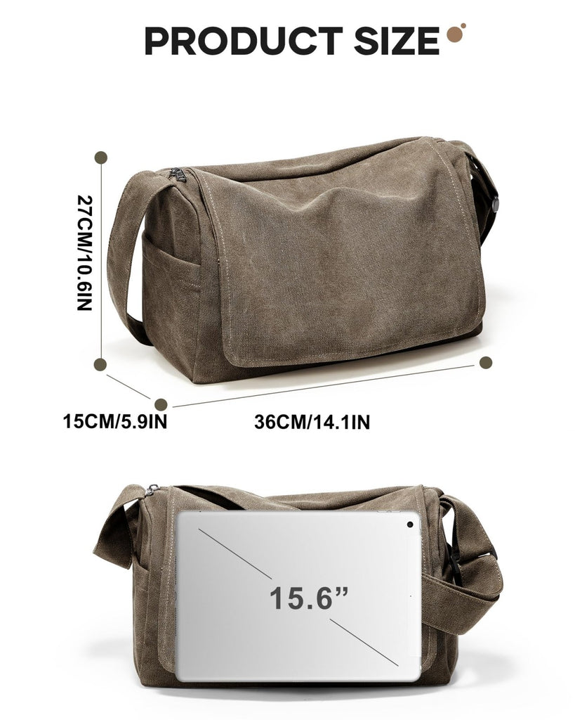 VENATIN Vintage Canvas Messenger Bag for Men & Women, Large Crossbody Shoulder Bag Leisure Shoulder Sling Bags Handbag for Travel, Business Bookbag Fits 15.6 inch Laptop, Khaki