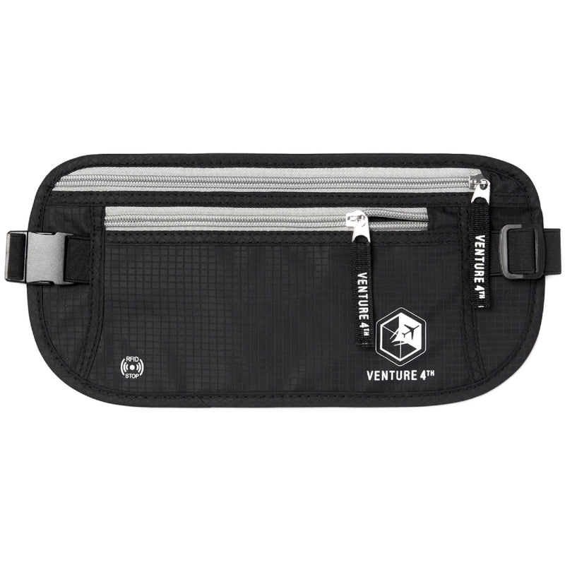 VENTURE 4TH Money Belt for Travel – Hidden Under - Clothes RFID Blocking Passport Holder & Slim Travel Wallet Pouch for Men & Women to Protect Cash, Cards & Documents (Black)