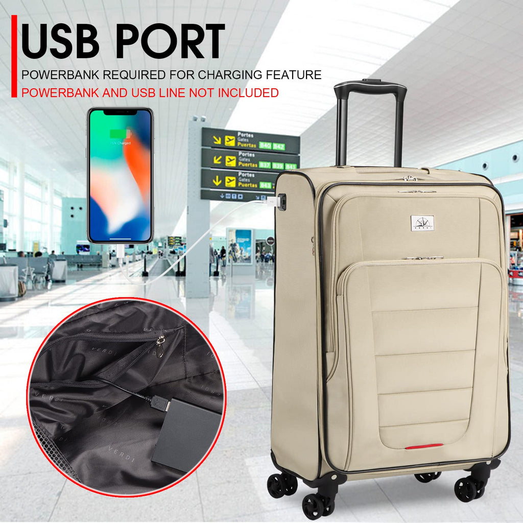 Verdi Travel Carry On Luggage with Spinner Wheels Softshell Lightweight Expandable 20 Inch Suitcase with USB Charging Port and 8 - wheel Spinners Carryon Bag