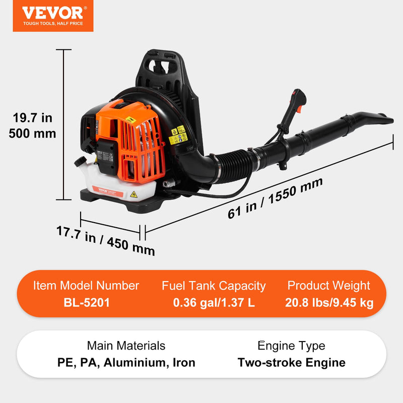VEVOR Backpack Leaf Blower, 52CC 2 - Cycle Leaf Blower with 1.37L Fuel Tank, 480CFM Air Volume 175MPH Speed, Ideal for Lawn Care, Leaf Cleaning, and Snow Removal