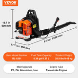 VEVOR Backpack Leaf Blower, 52CC 2 - Cycle Leaf Blower with 1.37L Fuel Tank, 480CFM Air Volume 175MPH Speed, Ideal for Lawn Care, Leaf Cleaning, and Snow Removal