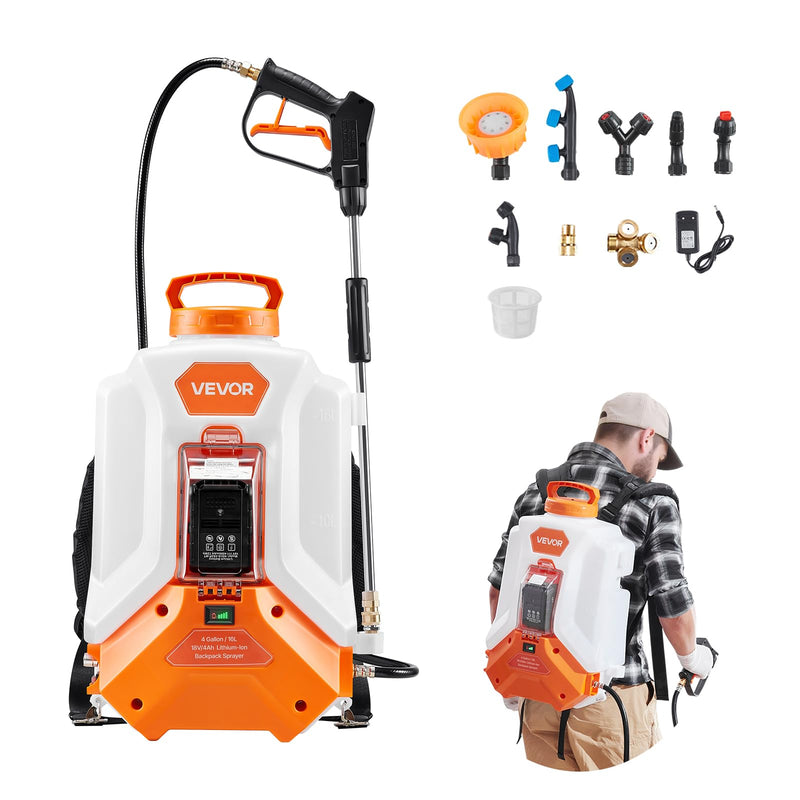 VEVOR Battery Powered Backpack Sprayer, Electric Back Pack Sprayer 4 Gallon, 2 Wands & 8 Nozzles, Adjustable 0 - 90 PSI, 4H Runtime, Portable Lawn & Garden Sprayers for Weeding, Spraying, Cleaning