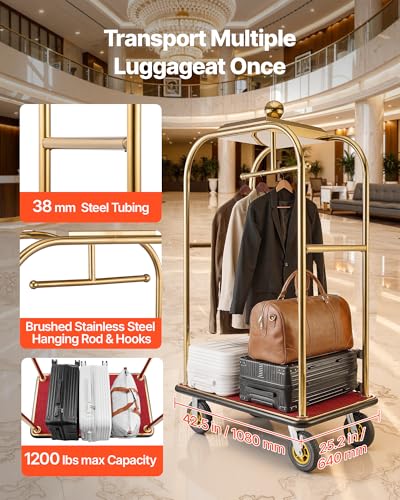 VEVOR Hotel Luggage Cart, 1200 lbs Heavy Duty Bellman Cart with Stainless Steel Frame, 8 in Rubber Wheels, Red Carpeted Deck, Commercial Luggage Carrier Rolling Trolley for Hotels, Resorts, Gold