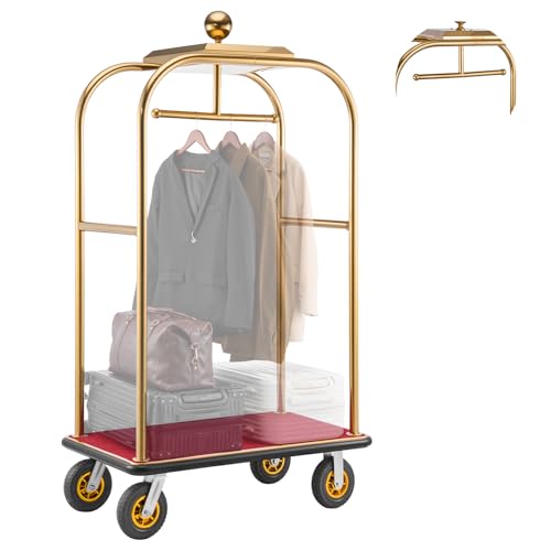 VEVOR Hotel Luggage Cart, 1200 lbs Heavy Duty Bellman Cart with Stainless Steel Frame, 8 in Rubber Wheels, Red Carpeted Deck, Commercial Luggage Carrier Rolling Trolley for Hotels, Resorts, Gold