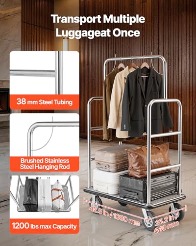 VEVOR Hotel Luggage Cart, Brushed Stainless Steel Finish Bellman's Cart, 1200 LBS Valet Cart with Grey Carpeted Deck and 8-inch Rubber Wheels, Ideal for Hotels, Condos, Resorts, Silver