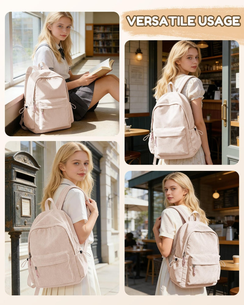 VGOCO Corduroy Backpack for Women Men Cute College Backapck Aesthetic Backpack Preppy Backpacks Laptop Bags Women Commuter Back Pack Travel Backapck Casual Work Daypack Rucksack Pink