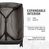 Victorinox Crosslight Large Softside Case - Large Travel Luggage with Spinner Wheels - Premium Traveling Essentials - Includes Foldable Pack Light Organizer - 106 Liter, Black
