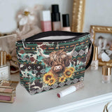 Viewamoon Western Travel Toiletry Bag for Women Hanging Makeup Bag Cosmetic Purse Highland Cow Make Up Brush Holder Organizer Sunflower Purse Lipstick Pouch Zipper for Summer Beach Holiday Outdoor
