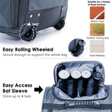 VIGEGARI Large Rolling Baseball Bag with Wheels - Softball Bag for T - Ball to Adult Leagues - Grey, 4 Bats, Separate Shoe Compartment, Fence Hook