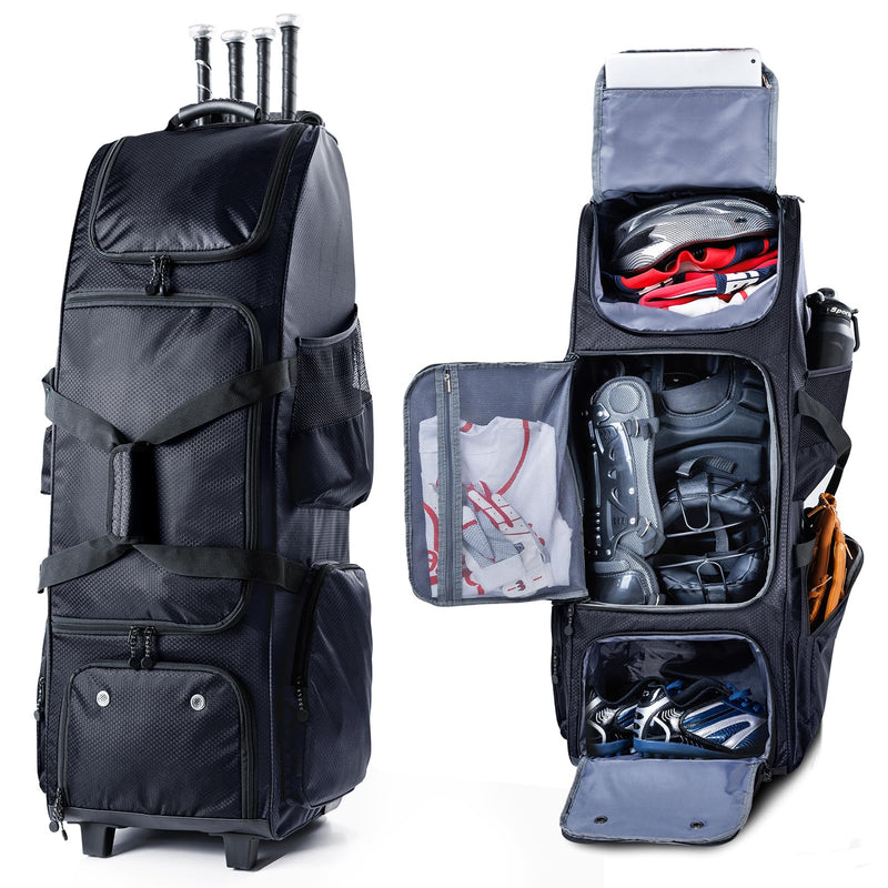 VIGEGARI Upgraded Rolling Baseball Bag with Sturdy Hard Backing - Large Softball Bag with Wheels for 4 Bats, Large Team Equipment Duffle Bat Bag, Catcher Gear Bag for Boys 8 - 12, Youth, Adults