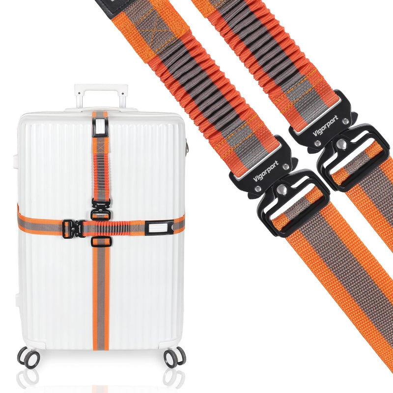 Vigorport Luggage Straps for Suitcases 2 Pack, Heavy Duty Metal Buckle Luggage Belt Strap, TSA Approved Suitcase Belt, Stretchable Travel Strap for Luggage (Orange, 72''L & 79''L)