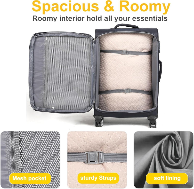 VIHEEVA Softside Luggage Sets, Extra Large Expandable Suitcase Sets With Spinner Wheels and Combination Lock Red Luggage For Long Time Overseas Journey(Navy) 22inch, 26inch, 30inch