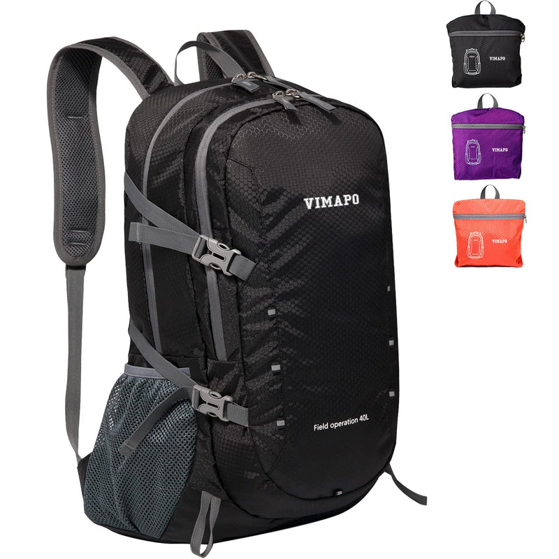 vimapo Packable Lightweight Backpack 40L, Ripstop Nylon Foldable Traveling Daypack, Collapsible Hiking Backpack For Outdoor(Black)