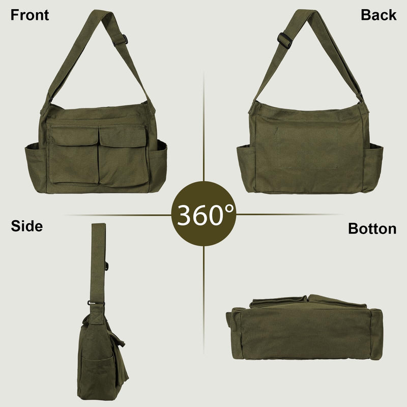 Vintage Canvas Crossbody Messenger Bag with Multiple Pockets and Hook - and - loop Closure, Ideal for School, Shoulder Laptop Bag for Women - Army Green