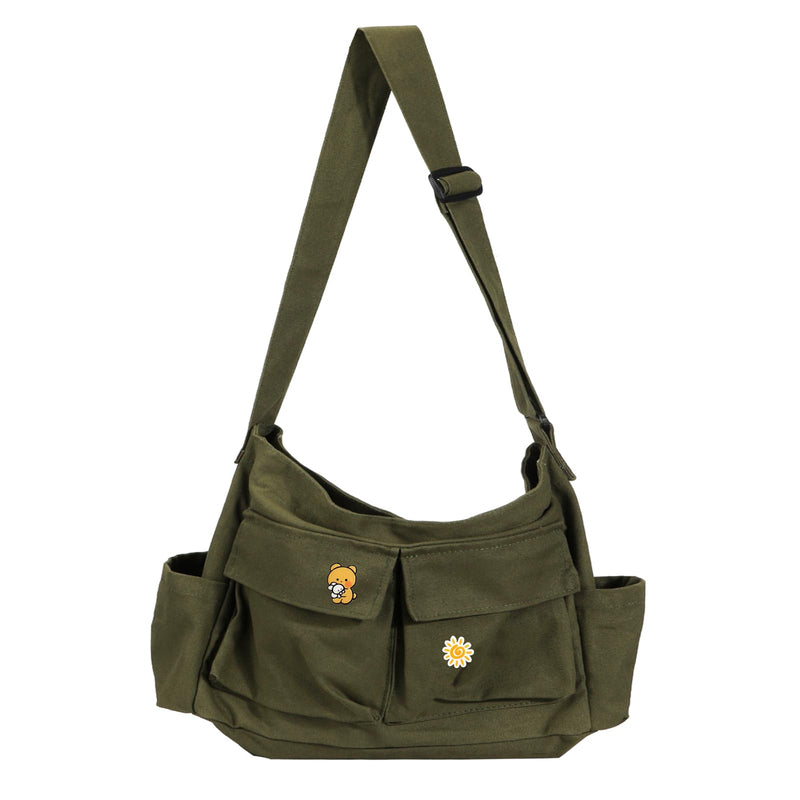 Vintage Canvas Crossbody Messenger Bag with Multiple Pockets and Hook - and - loop Closure, Ideal for School, Shoulder Laptop Bag for Women - Army Green