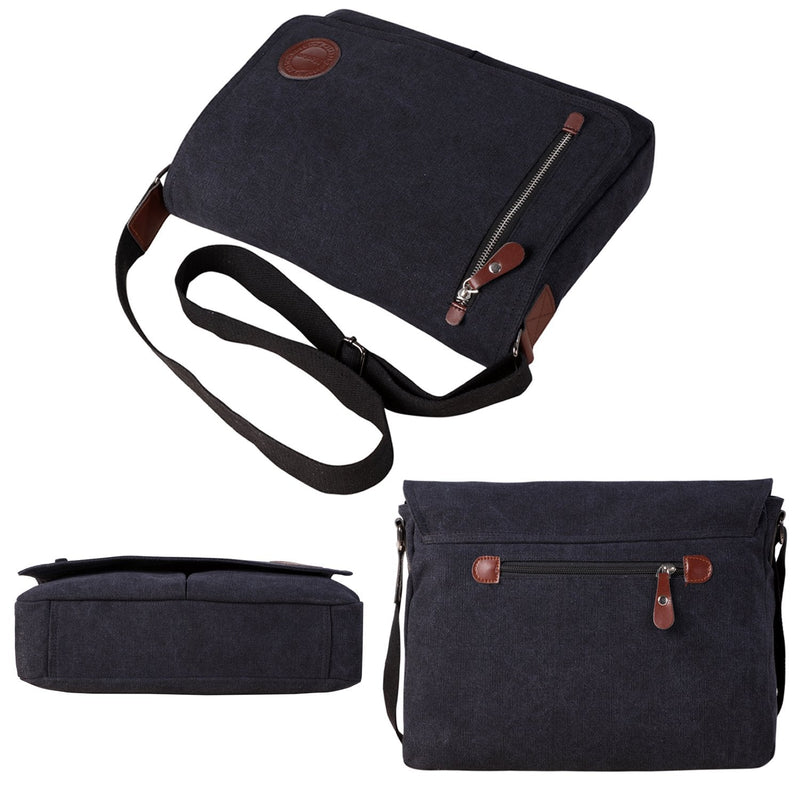 Vintage Canvas Satchel Messenger Bag for Men Women,Travel Shoulder bag 13.5" Laptop Bags Bookbag (Black)