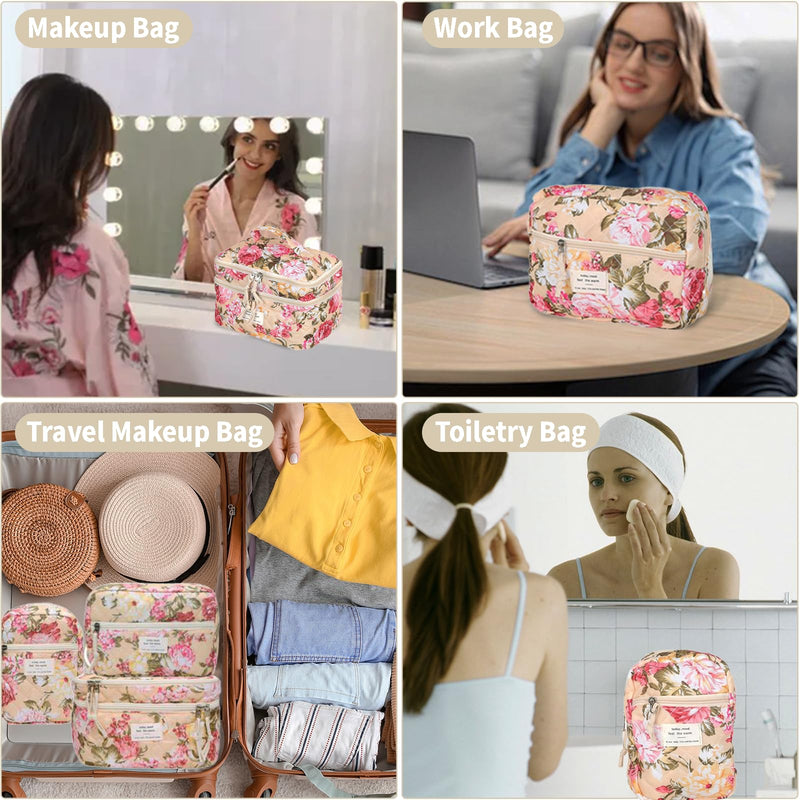 Vintage Floral Quilted Cotton Makeup Bag Set for Women and Girls (3 - Piece) - Large, Medium & Small Cosmetic Organizers for Travel, Daily Use, Durable Zipper Pouches with Brush Compartments
