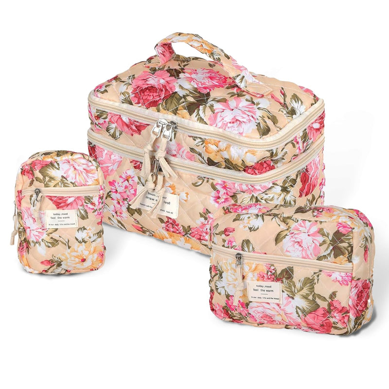 Vintage Floral Quilted Cotton Makeup Bag Set for Women and Girls (3 - Piece) - Large, Medium & Small Cosmetic Organizers for Travel, Daily Use, Durable Zipper Pouches with Brush Compartments